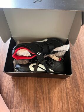 Peloton Women's Black White Athletic Cycling Shoes with Red Lining